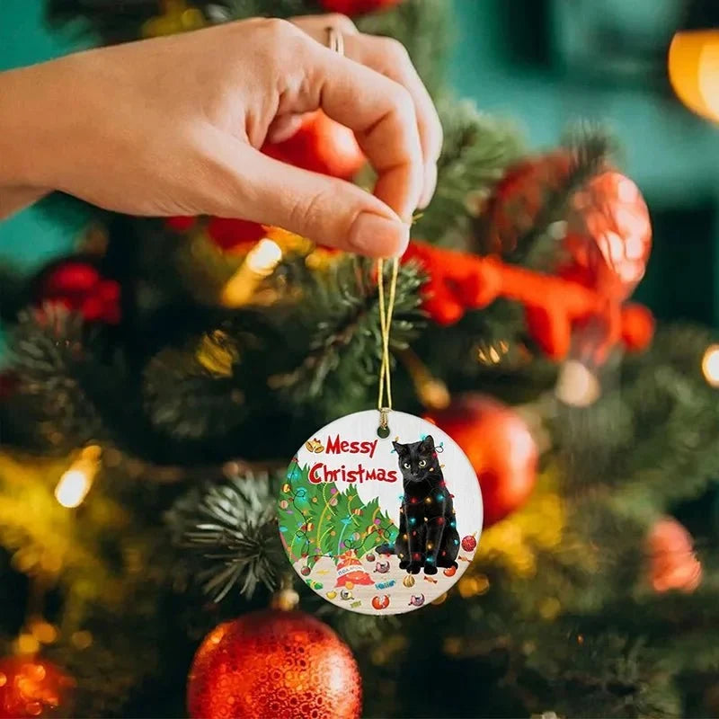 Cat Christmas Ornament with Black Design and Acrylic Disc Pendant for Tree Decoration - Image 4