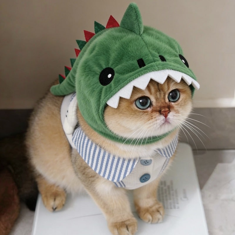 Cat Hat with Plush Dinosaur Costume Design Soft Stuffed Horn In A Drawing - Image 2