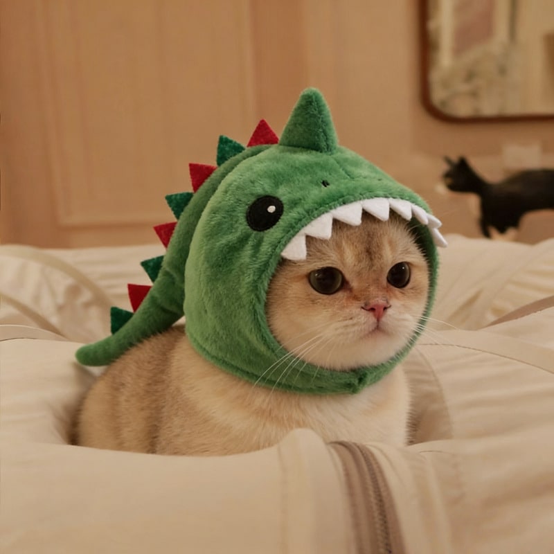 Cat Hat with Plush Dinosaur Costume Design Soft Stuffed Horn In A Drawing - Image 3