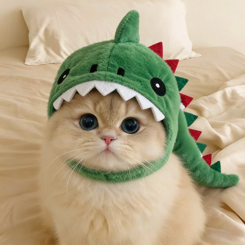 Cat Hat with Plush Dinosaur Costume Design Soft Stuffed Horn In A Drawing - Image 4
