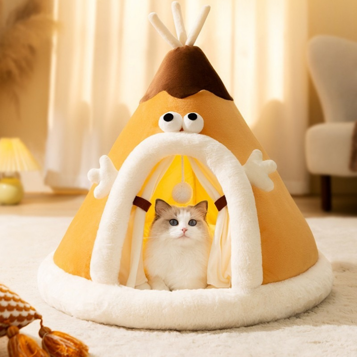 Cat Tent Bed and Self Warming Cave with Fleece Plush Fabric and Hanging Toy Heated Outdoor - Image 1