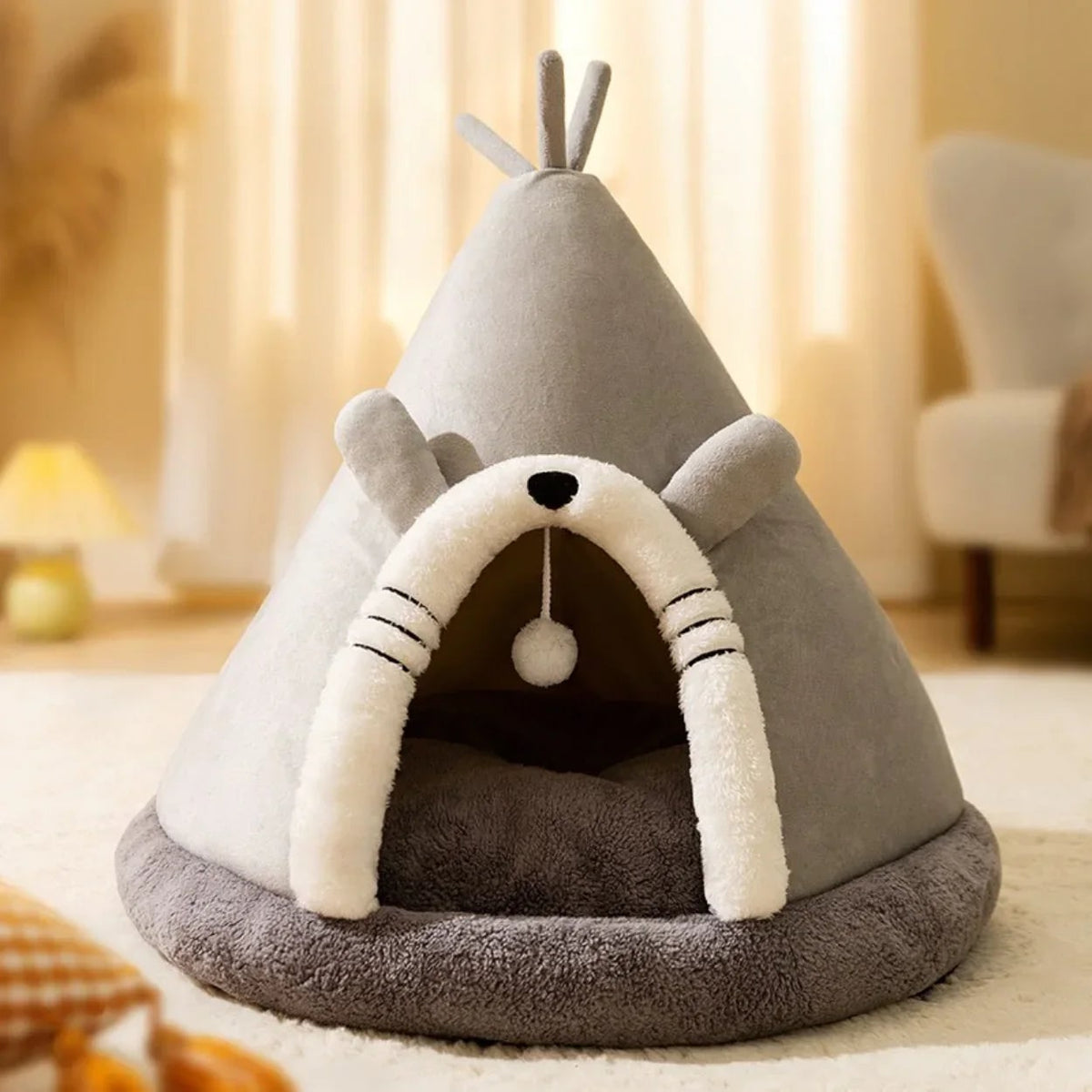 Cat Tent Bed and Self Warming Cave with Fleece Plush Fabric and Hanging Toy Heated Outdoor - Image 6