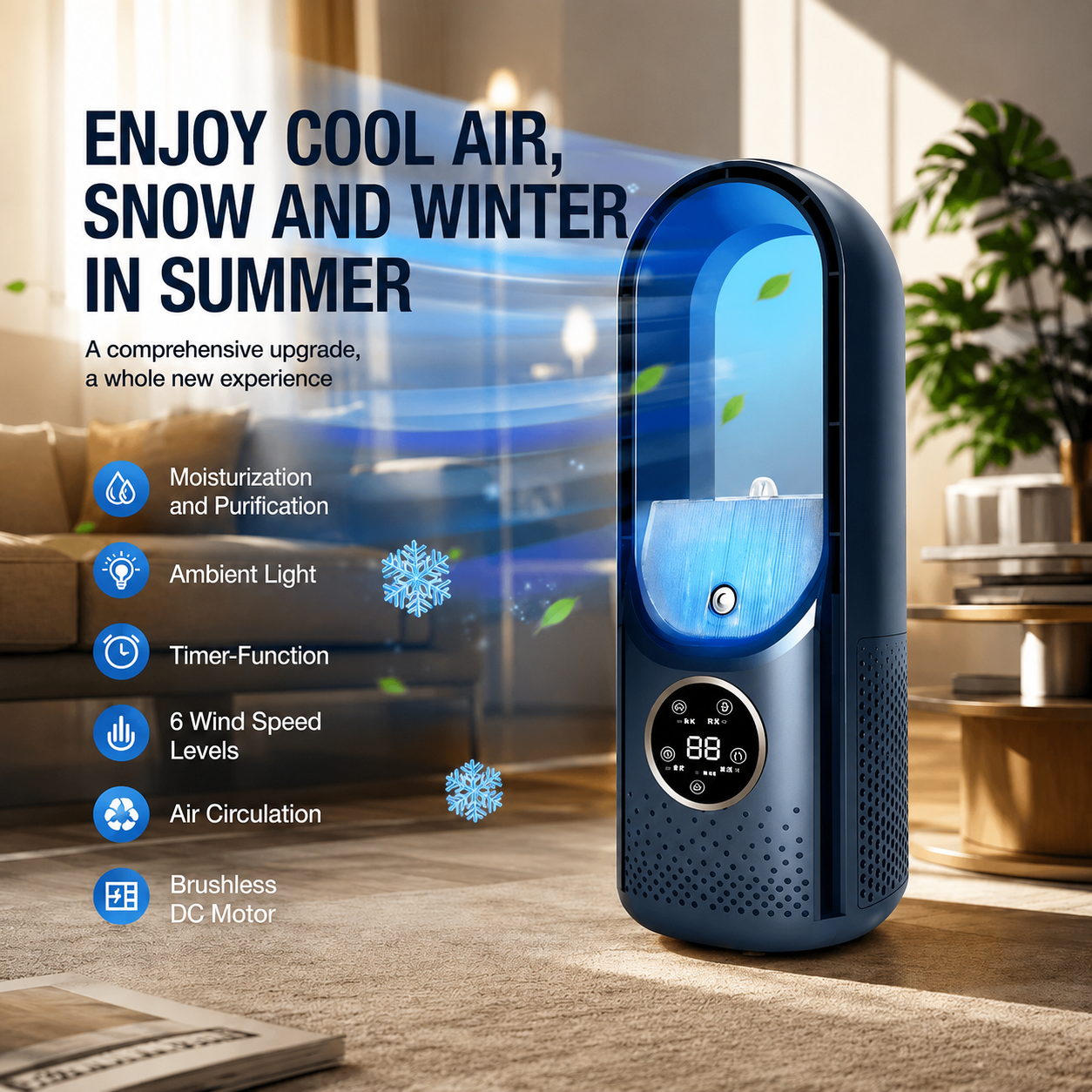 Quiet Bladeless Tower Fan with Adjustable Airflow
