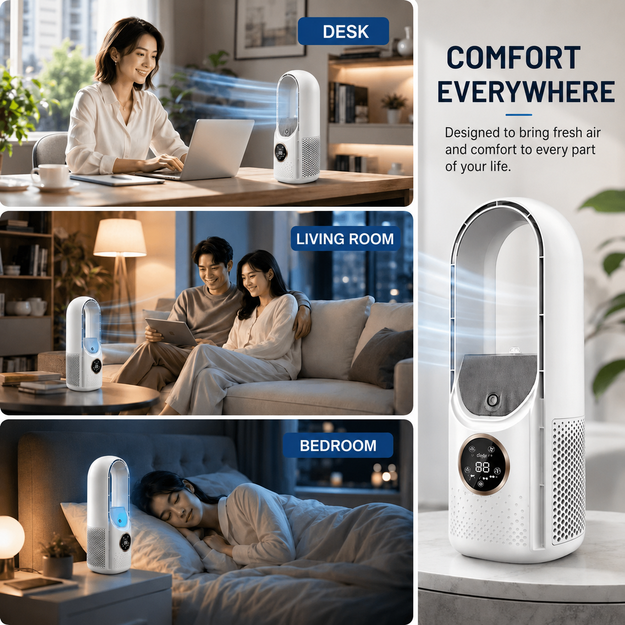 Quiet Bladeless Tower Fan with Adjustable Airflow