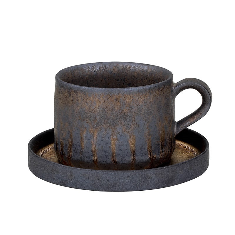 Ceramic and Stoneware Coffee Cup Set with Metallic Glaze and Saucer Handmade Textured Finish - Image 2