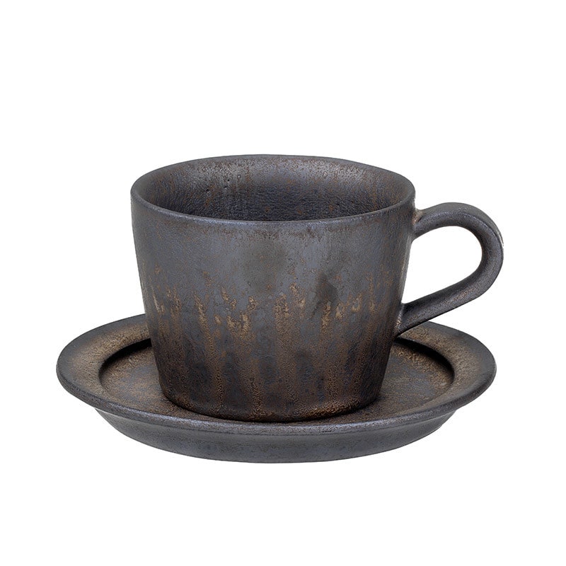 Ceramic and Stoneware Coffee Cup Set with Metallic Glaze and Saucer Handmade Textured Finish - Image 3