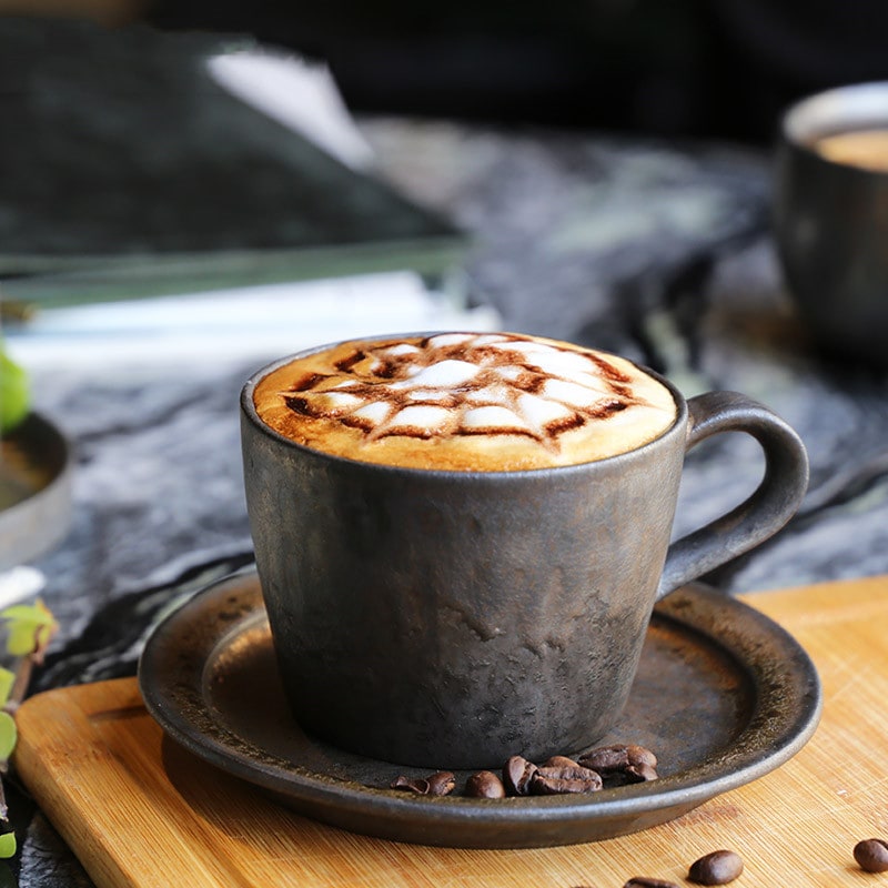 Ceramic and Stoneware Coffee Cup Set with Metallic Glaze and Saucer Handmade Textured Finish - Image 4