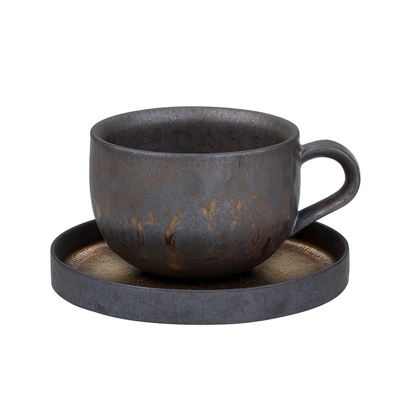 Ceramic and Stoneware Coffee Cup Set with Metallic Glaze and Saucer Handmade Textured Finish - Image 5