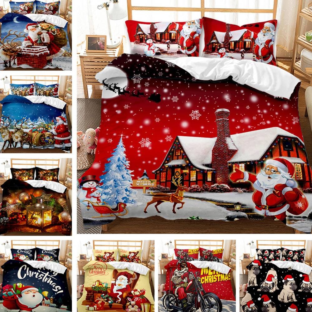 Christmas Bedding Set with Duvet Cover and Pillowcases Digital Print Three-Piece - Image 1
