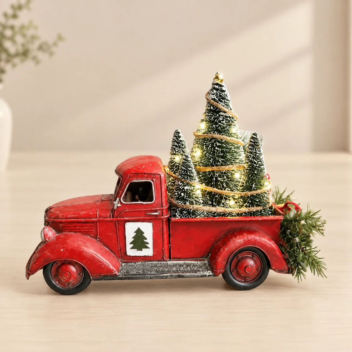 Christmas Decoration Red Truck with Bottle Brush Trees and LED Lights Tabletop - Image 1