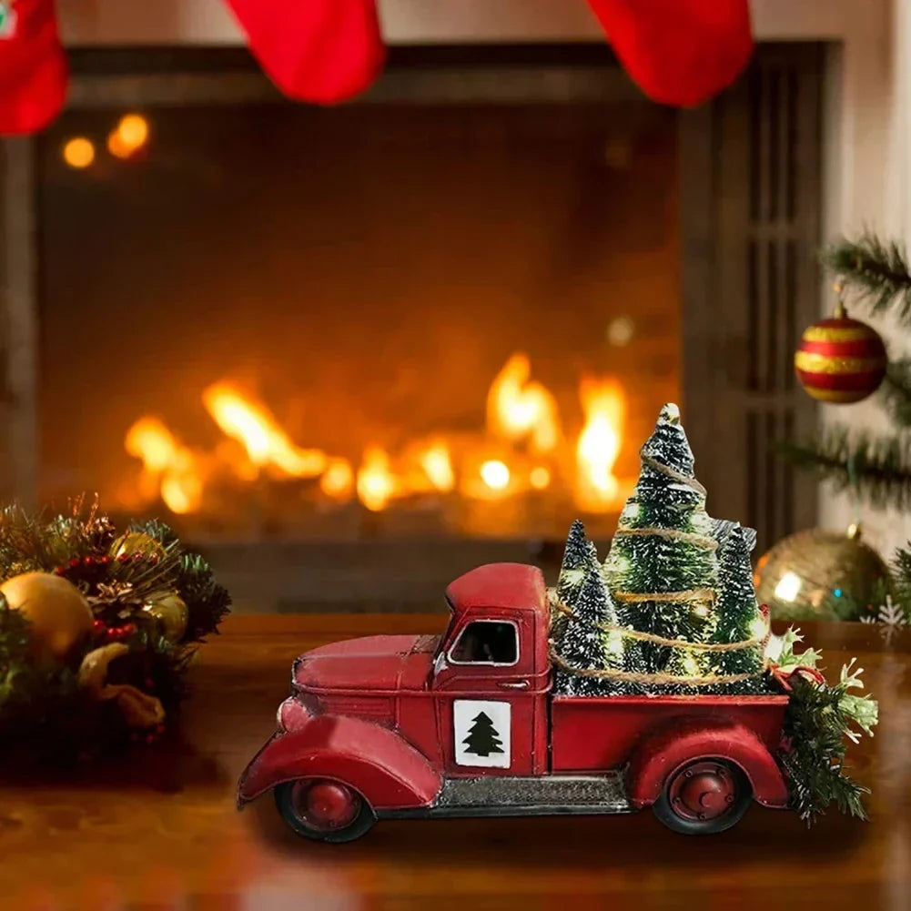 Christmas Decoration Red Truck with Bottle Brush Trees and LED Lights Tabletop - Image 3