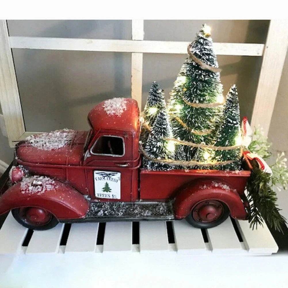 Christmas Decoration Red Truck with Bottle Brush Trees and LED Lights Tabletop - Image 4