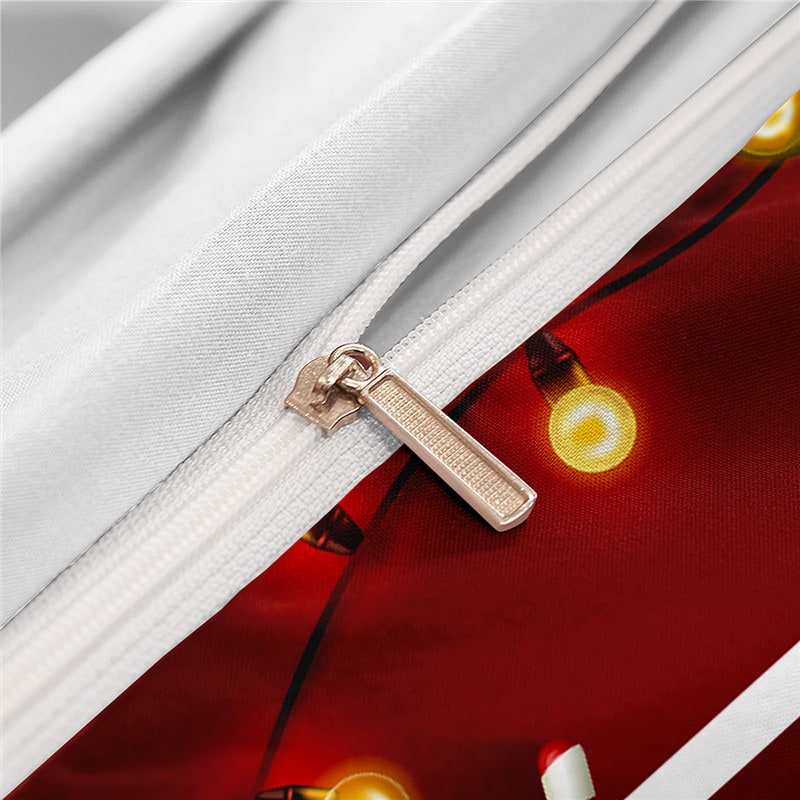 Christmas Duvet Cover Set with Pillowcases Holiday Bedding with Poinsettia and String Lights Print - Image 1