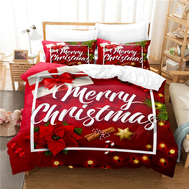 Christmas Duvet Cover Set with Pillowcases Holiday Bedding with Poinsettia and String Lights Print - Image 3