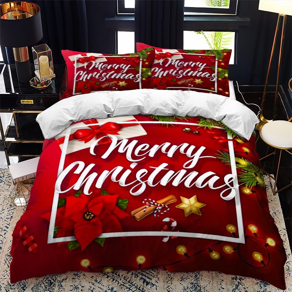 Christmas Duvet Cover Set with Pillowcases Holiday Bedding with Poinsettia and String Lights Print - Image 4