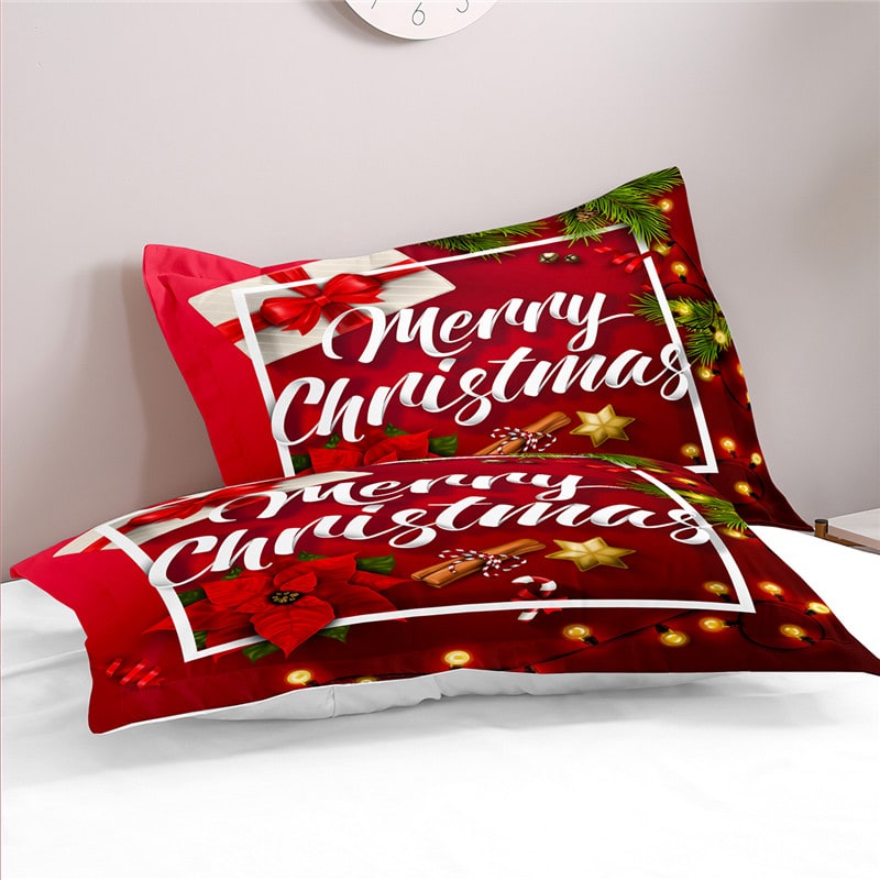 Christmas Duvet Cover Set with Pillowcases Holiday Bedding with Poinsettia and String Lights Print - Image 5