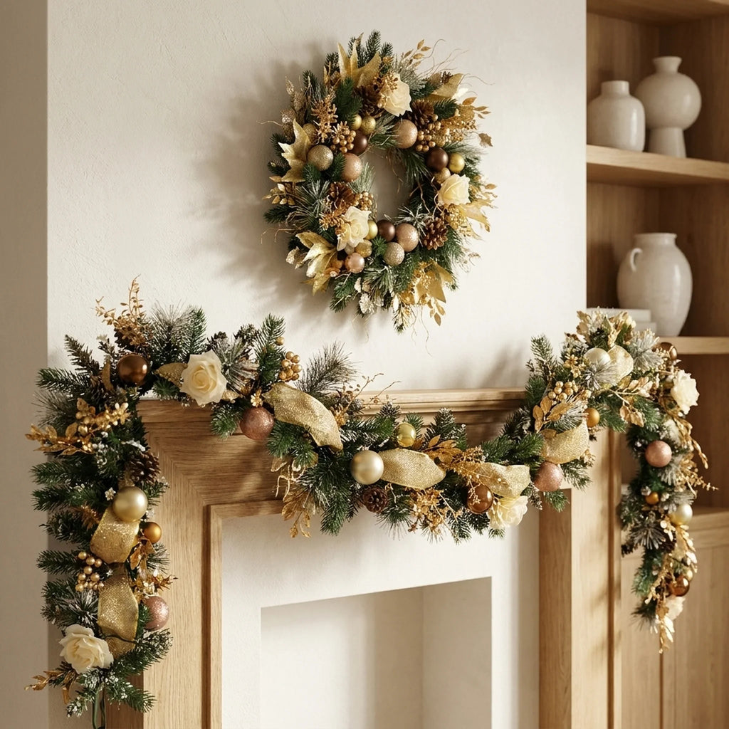 Christmas Garland for Mantle with Ornaments Artificial Pine and Faux Roses - Image 1