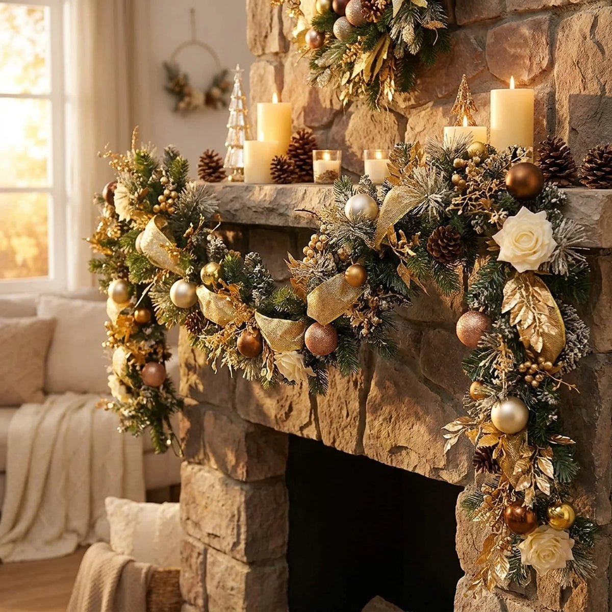 Christmas Garland for Mantle with Ornaments Artificial Pine and Faux Roses - Image 2