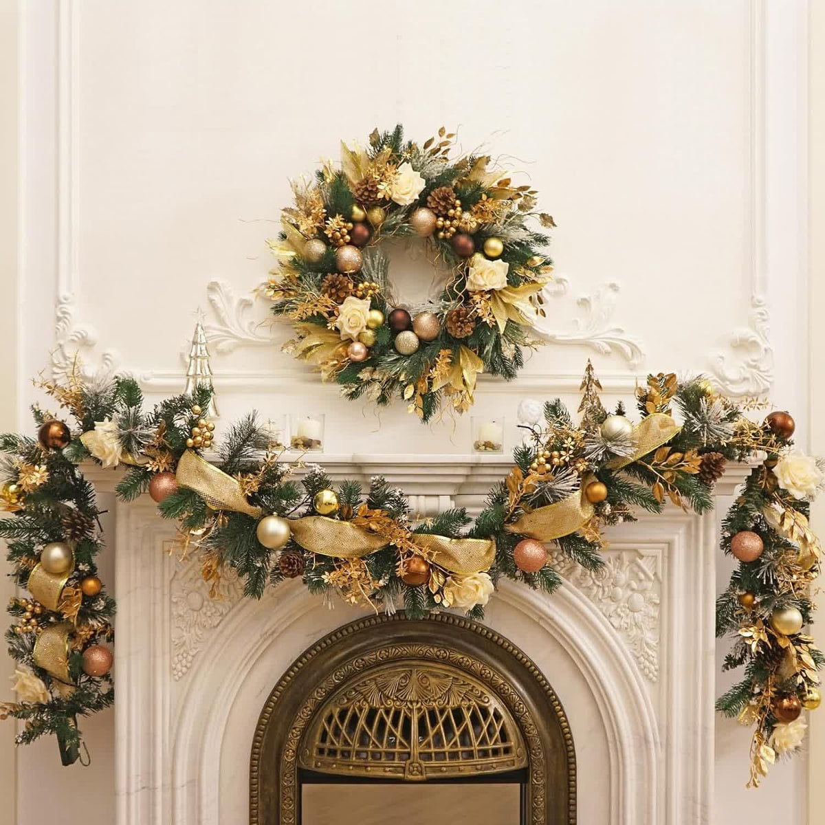 Christmas Garland for Mantle with Ornaments Artificial Pine and Faux Roses - Image 4