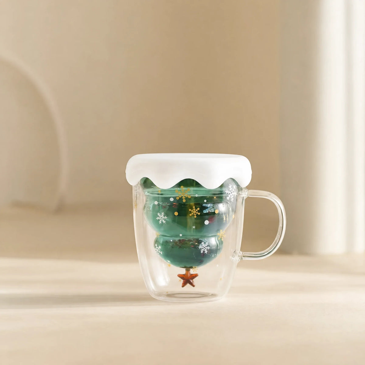 Christmas Mug Double Wall Glass with Lid and Festive Tree Design - Image 1