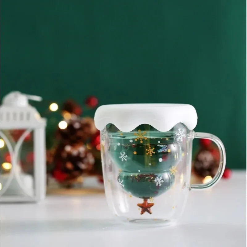 Christmas Mug Double Wall Glass with Lid and Festive Tree Design - Image 2