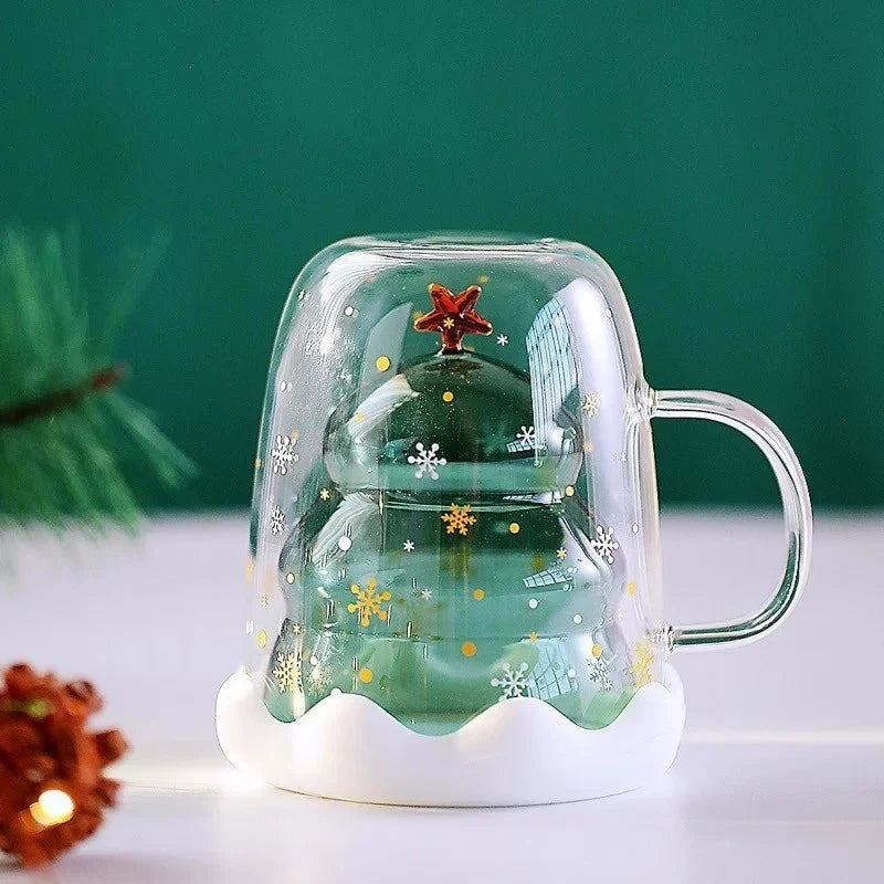 Christmas Mug Double Wall Glass with Lid and Festive Tree Design - Image 3