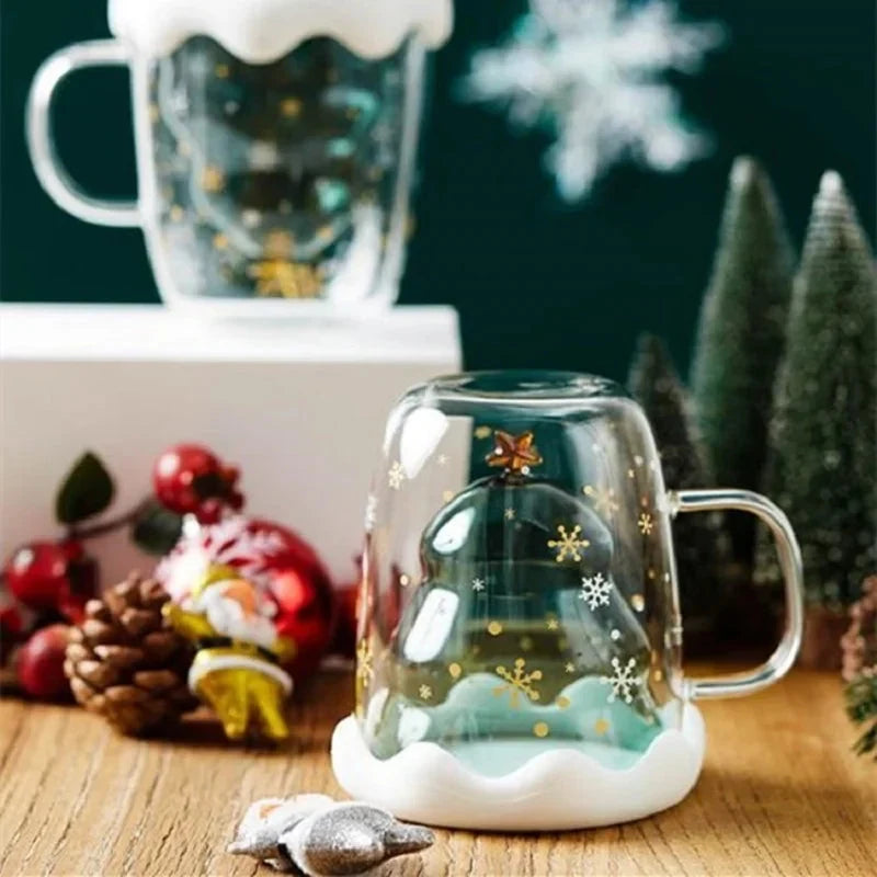 Christmas Mug Double Wall Glass with Lid and Festive Tree Design - Image 4