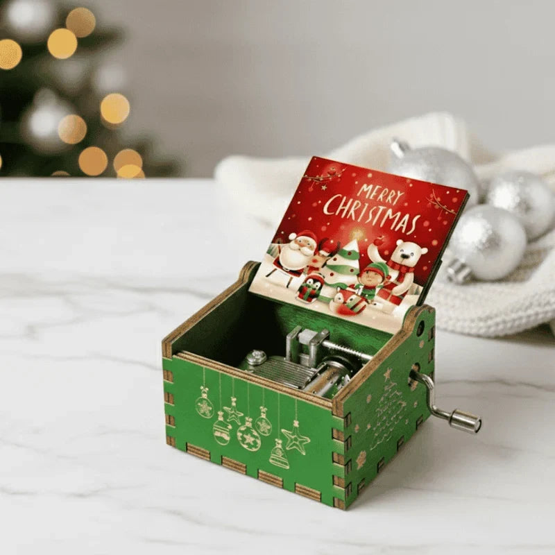 Christmas Music Box with Hand Crank Mechanical Movement and Wooden Laser-Engraved Design - Image 1