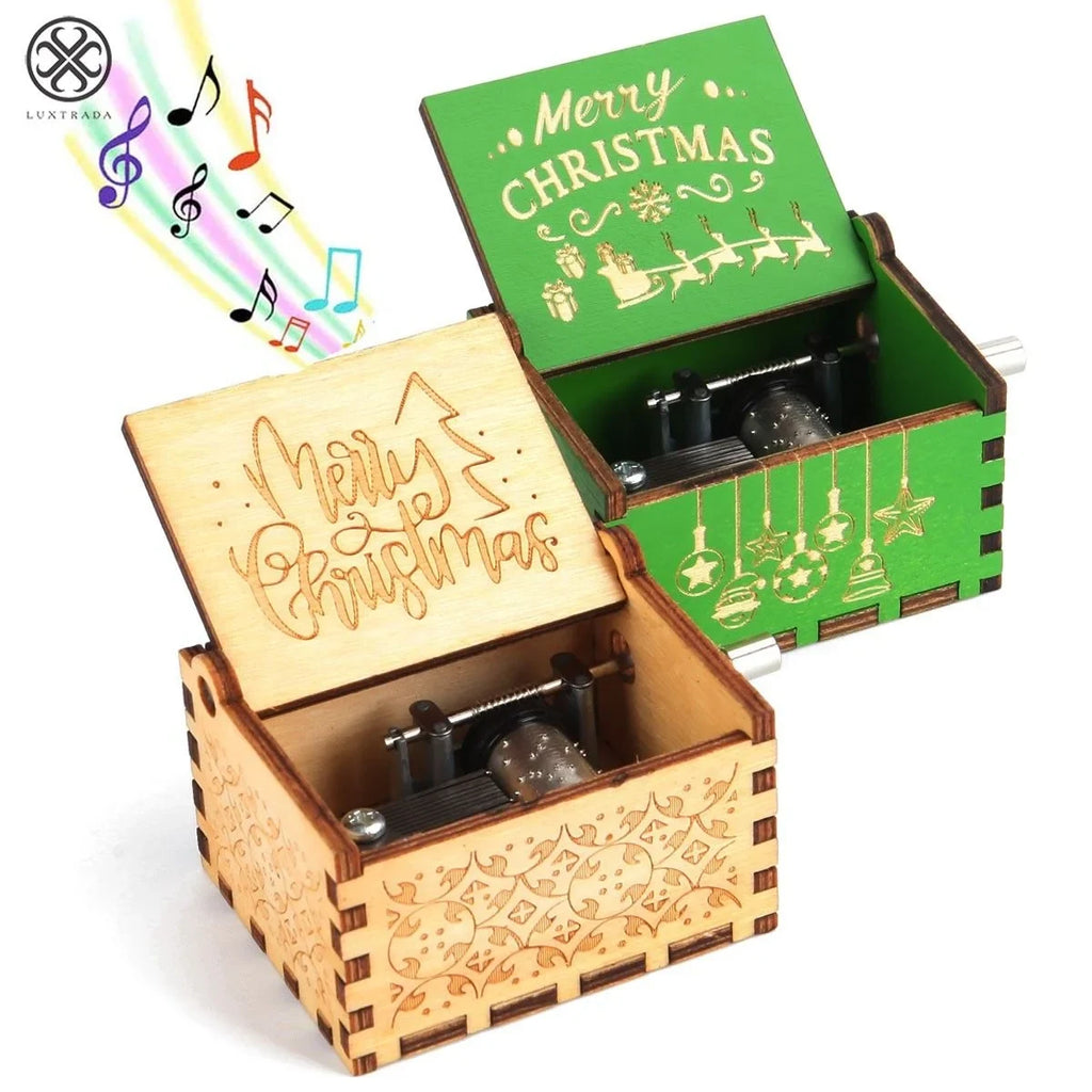 Christmas Music Box with Hand Crank Mechanical Movement and Wooden Laser-Engraved Design - Image 2