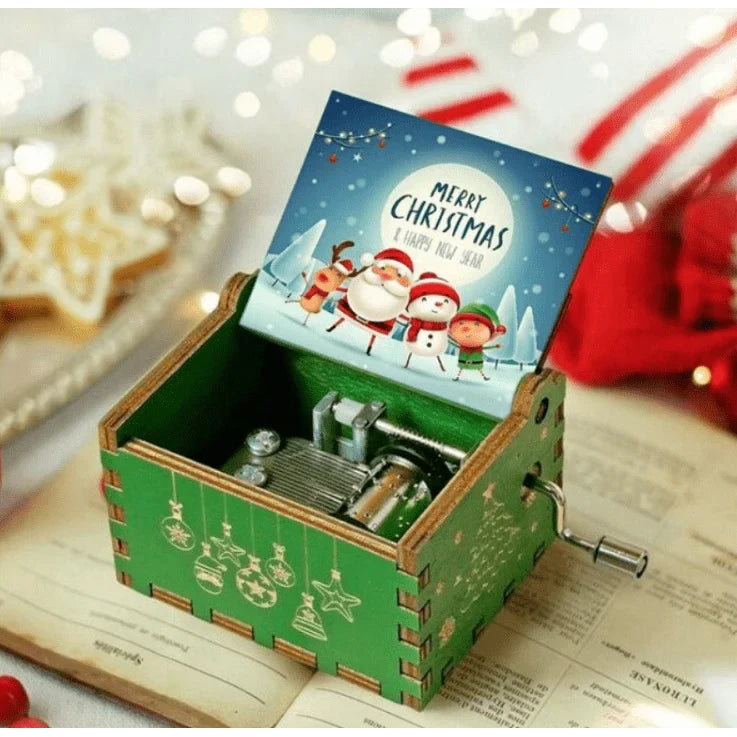 Christmas Music Box with Hand Crank Mechanical Movement and Wooden Laser-Engraved Design - Image 3