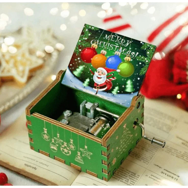Christmas Music Box with Hand Crank Mechanical Movement and Wooden Laser-Engraved Design - Image 4
