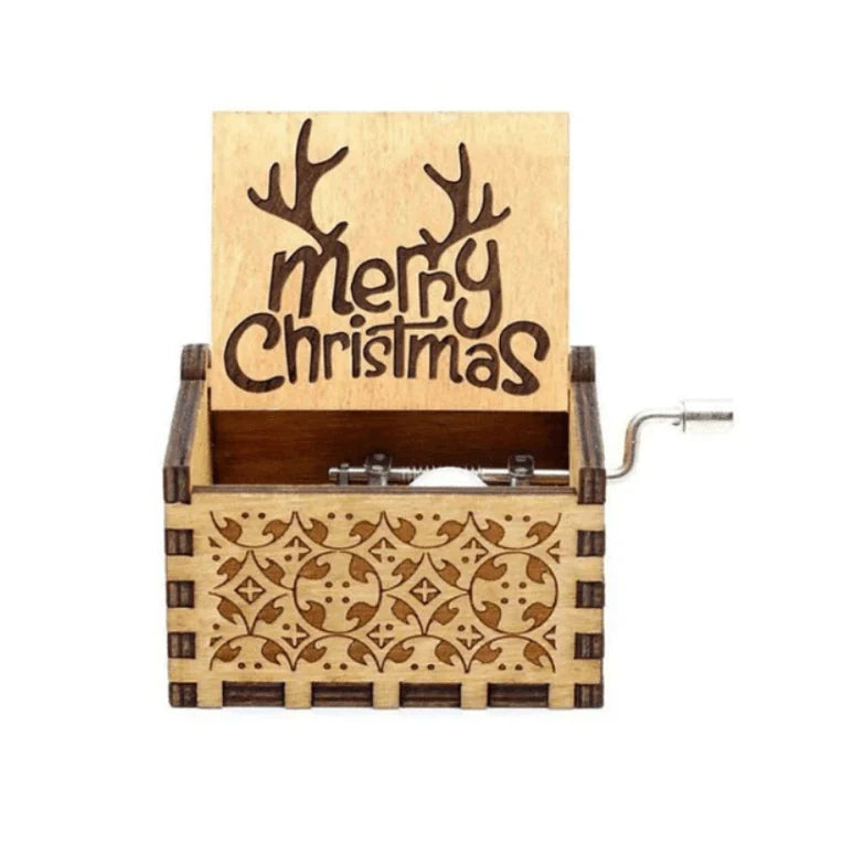 Christmas Music Box with Hand Crank Mechanical Movement and Wooden Laser-Engraved Design - Image 5