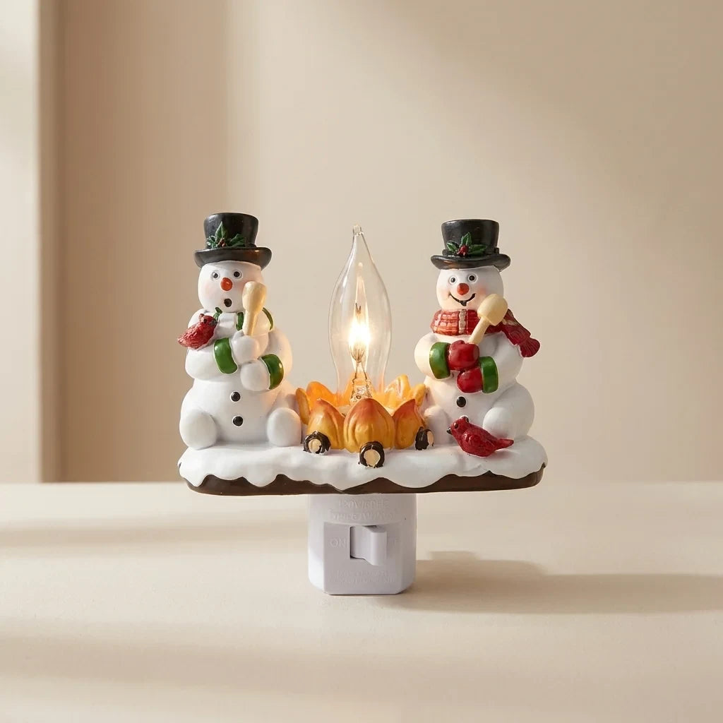 Christmas Night Lights Plug-In Snowman Campfire with Resin Figurines and Cardinal Birds - Image 1