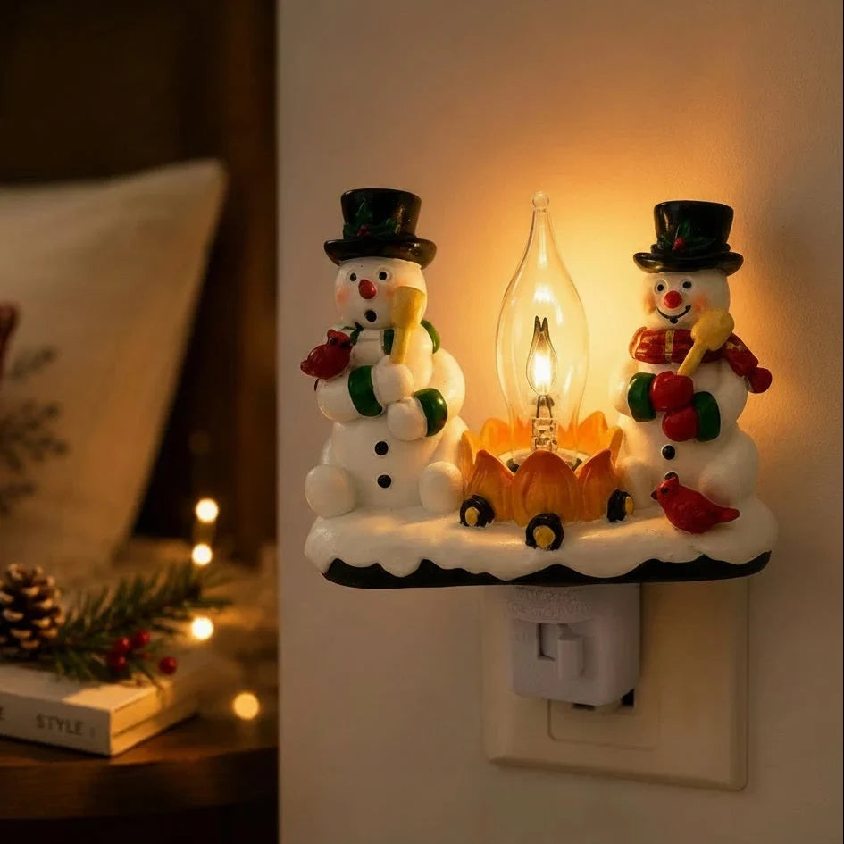 Christmas Night Lights Plug-In Snowman Campfire with Resin Figurines and Cardinal Birds - Image 2