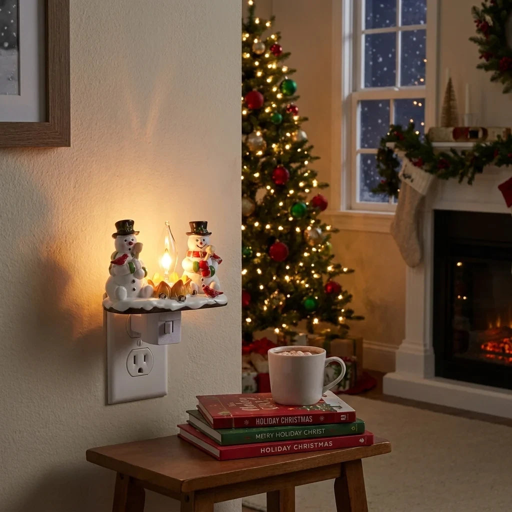 Christmas Night Lights Plug-In Snowman Campfire with Resin Figurines and Cardinal Birds - Image 3