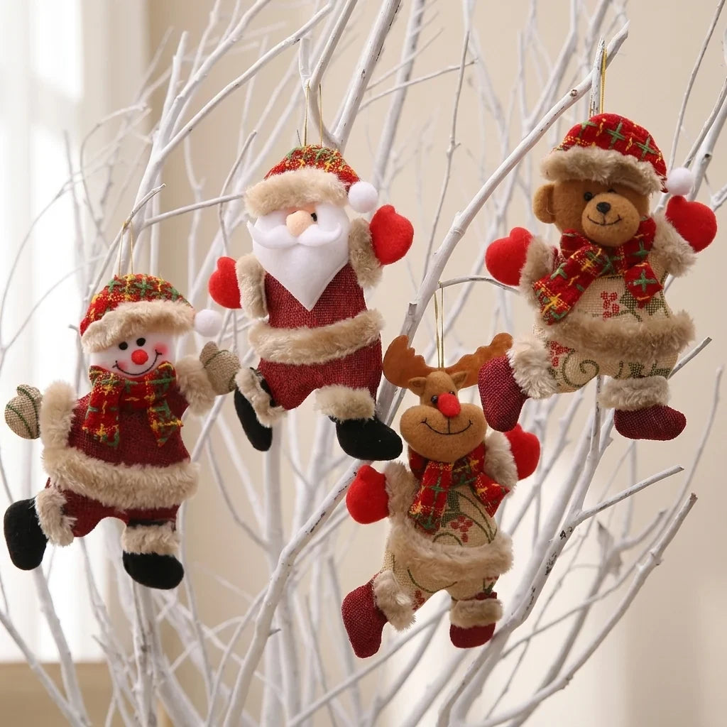 Christmas Ornaments 4-Piece Plush Hanging Set with Burlap Bodies Faux Fur Trim and Flannel Scarves - Image 1