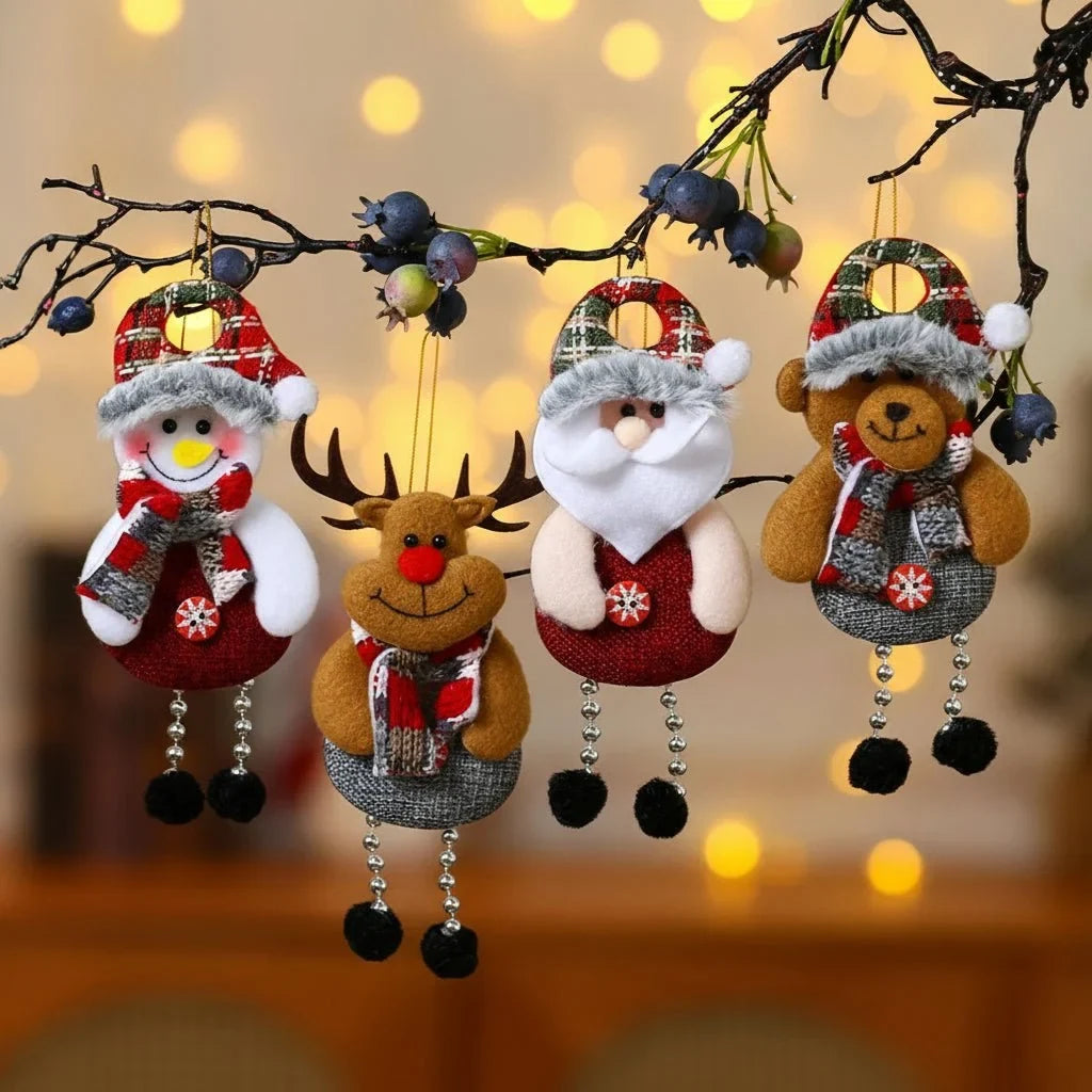 Christmas Ornaments with Dangling Bead Legs and Plaid Fabric Hats for Tree Decorations - Image 2