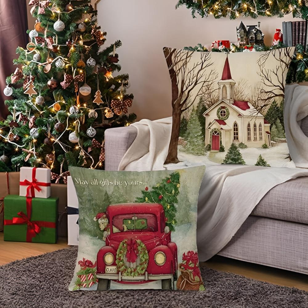 Christmas Pillow Cover with Hidden Zipper and Festive Woven Polyester Linen - Image 1