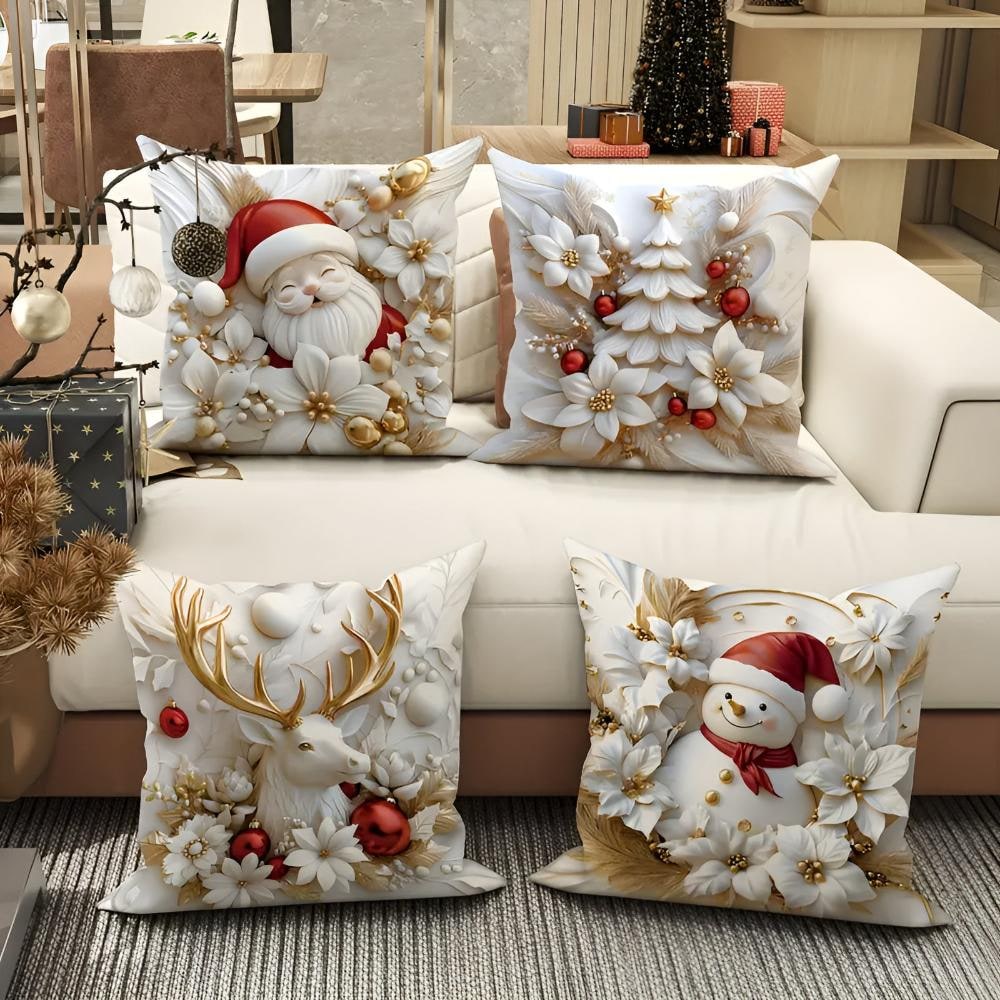 Christmas Pillow Covers Set of 4 Square Throw with Holiday Designs and Hidden Zippers - Image 2