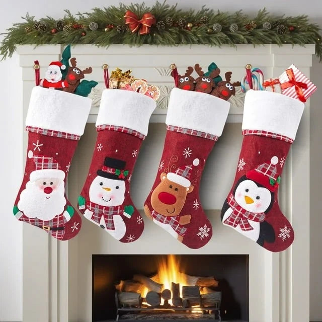 Christmas Stockings with Plush Cuff Embroidered Snowflakes and Character Appliques - Image 2