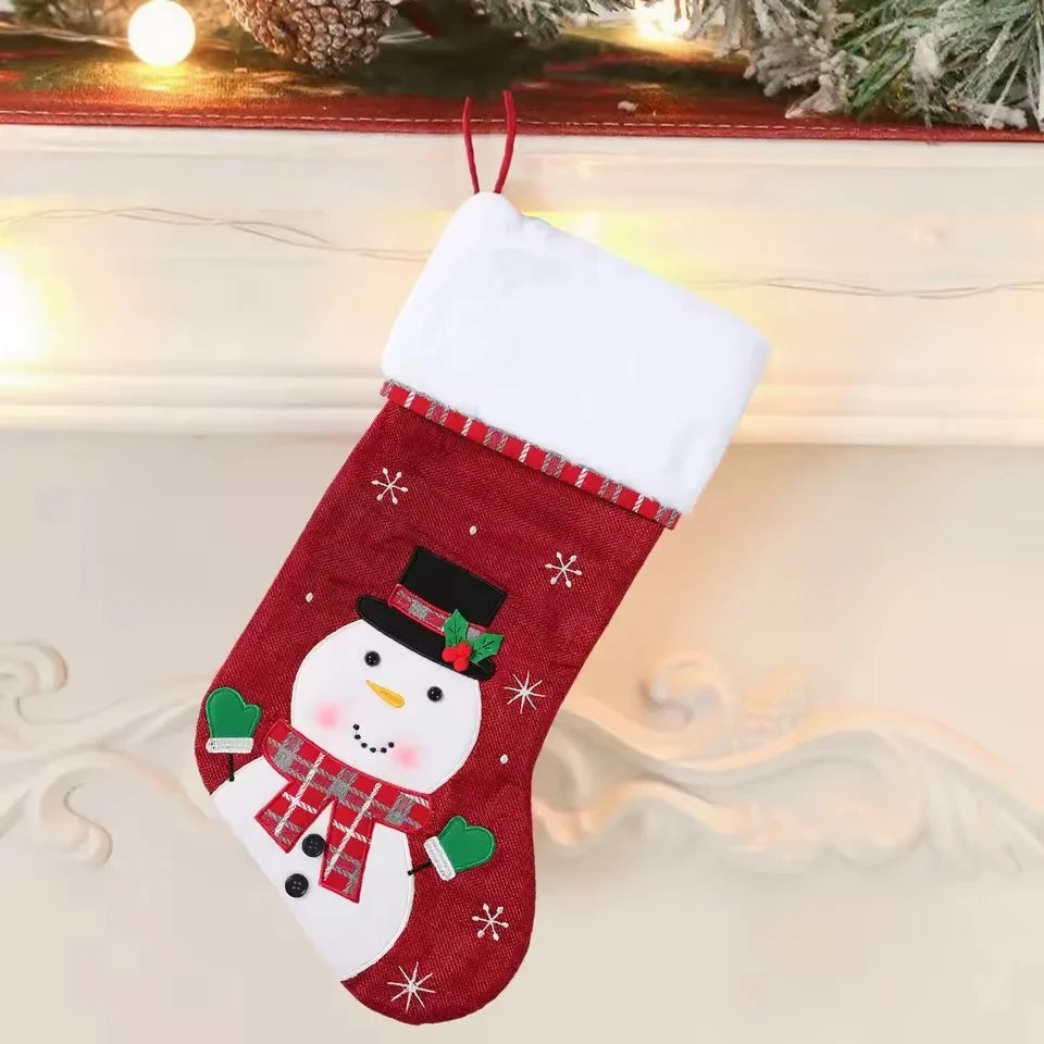 Christmas Stockings with Plush Cuff Embroidered Snowflakes and Character Appliques - Image 3