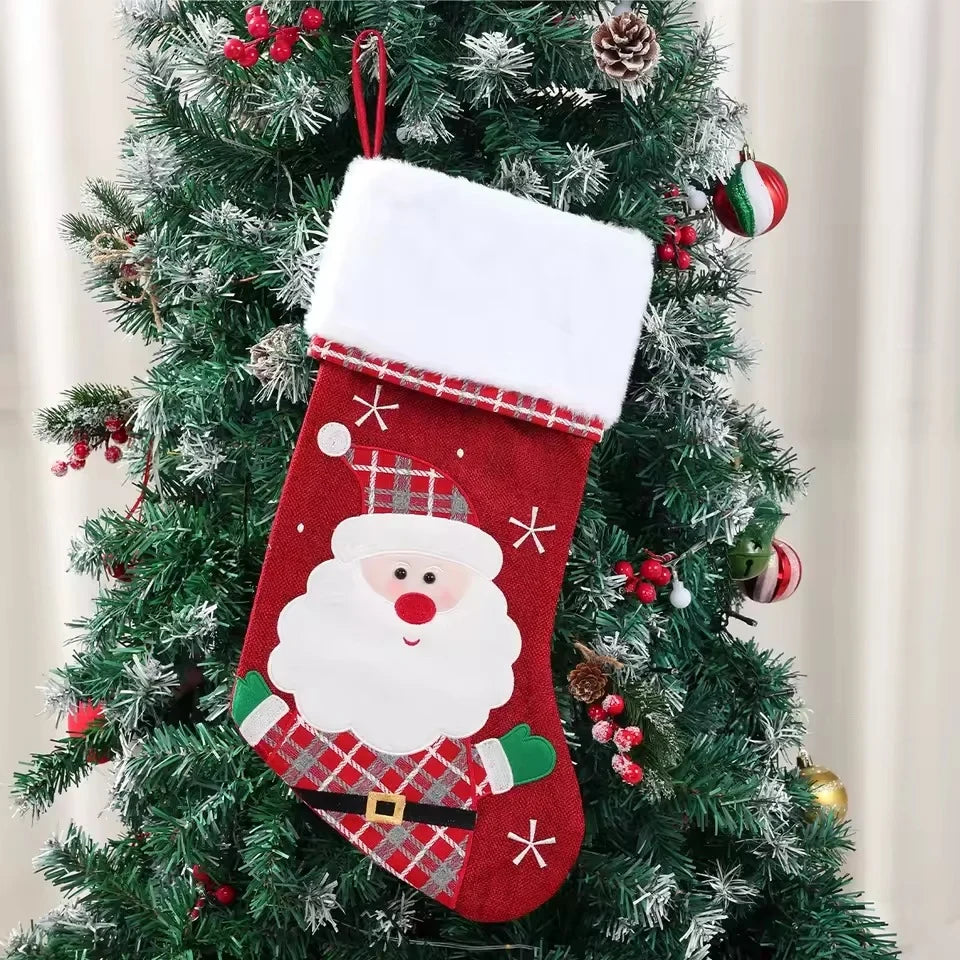 Christmas Stockings with Plush Cuff Embroidered Snowflakes and Character Appliques - Image 4