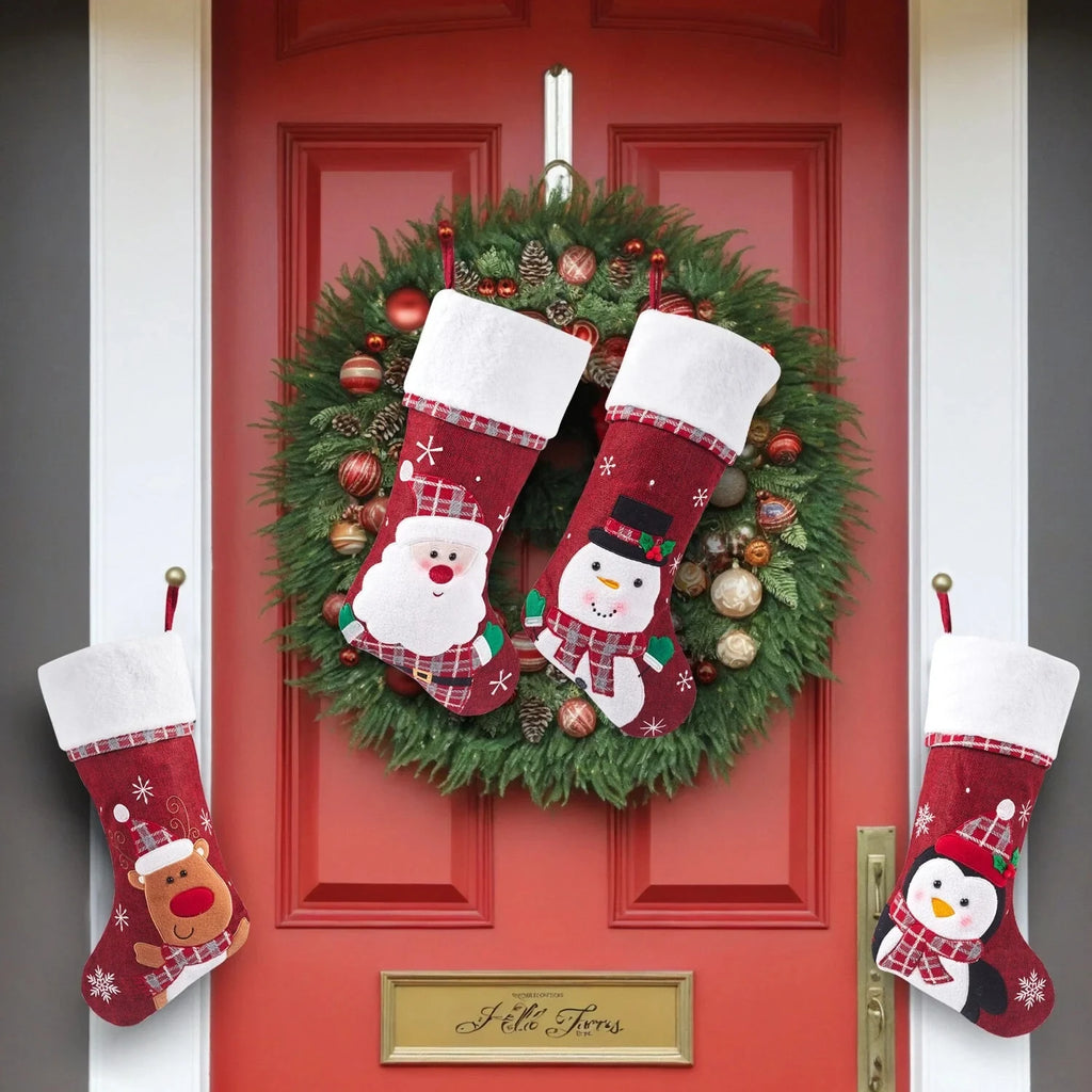Christmas Stockings with Plush Cuff Embroidered Snowflakes and Character Appliques - Image 5