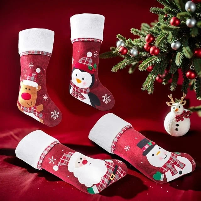 Christmas Stockings with Plush Cuff Embroidered Snowflakes and Character Appliques - Image 8