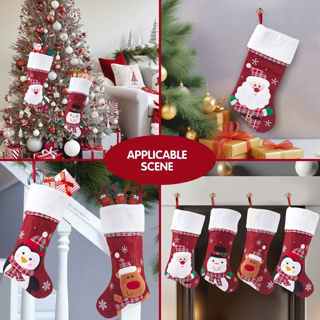 Christmas Stockings with Plush Cuff Embroidered Snowflakes and Character Appliques - Image 9