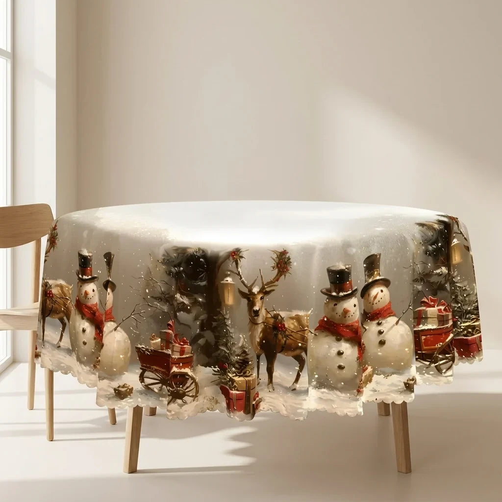 Christmas Tablecloth Rectangular Festive Snowman Reindeer Design with Scalloped Lace Hem - Image 1
