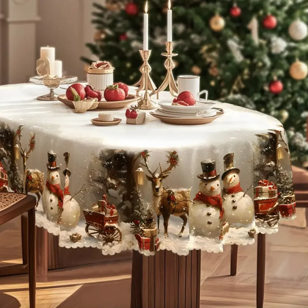 Christmas Tablecloth Rectangular Festive Snowman Reindeer Design with Scalloped Lace Hem - Image 2