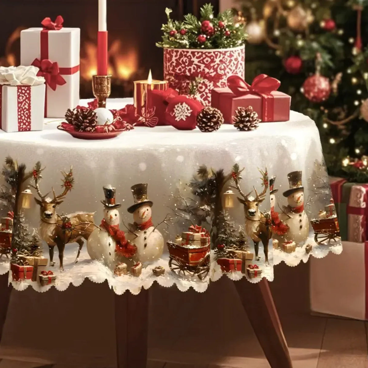 Christmas Tablecloth Rectangular Festive Snowman Reindeer Design with Scalloped Lace Hem - Image 3
