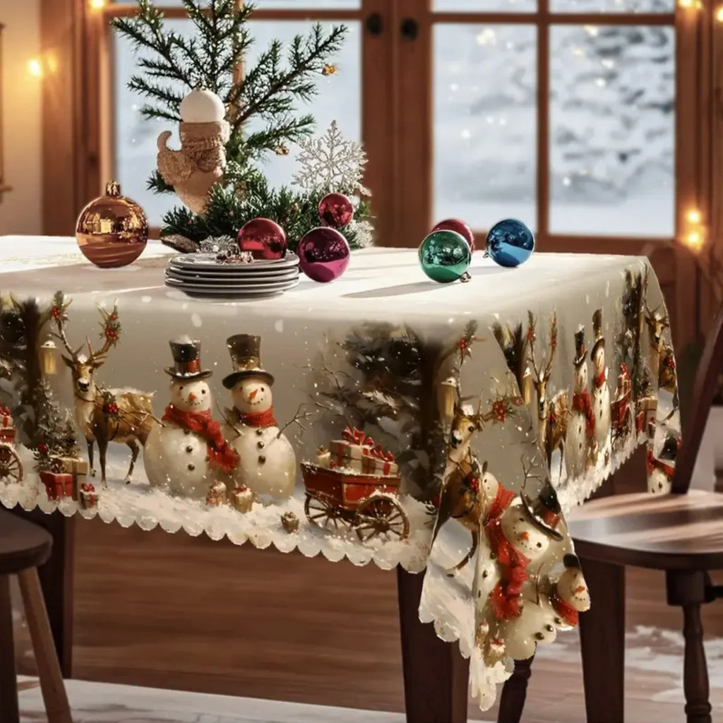 Christmas Tablecloth Rectangular Festive Snowman Reindeer Design with Scalloped Lace Hem - Image 4