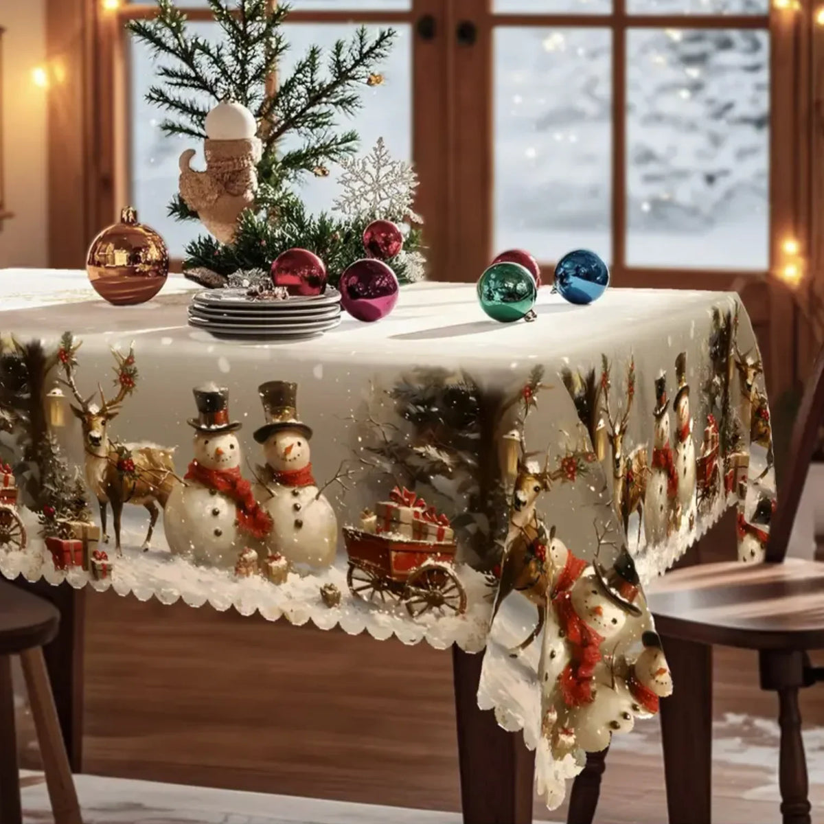Christmas Tablecloth Rectangular Festive Snowman Reindeer Design with Scalloped Lace Hem - Image 4
